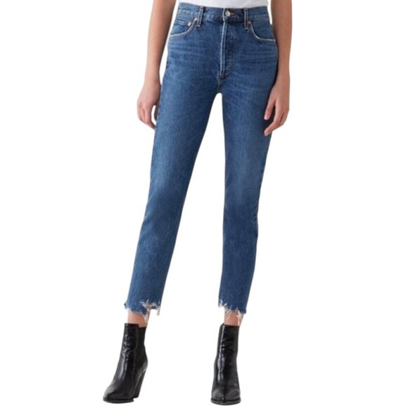 Agolde Riley High Rise Straight Leg Crop Jeans Size 27 In Veto Faded Distressed - Picture 2 of 13